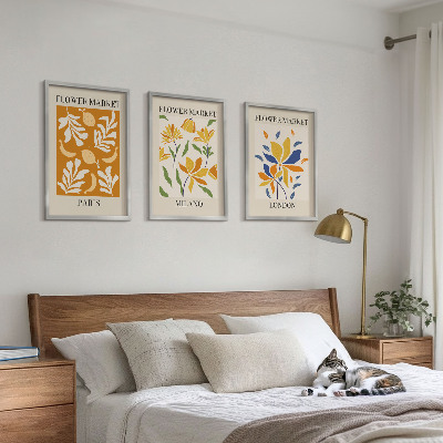 3 paveikslų rinkinys su rėmais Gėlių plakatai Paryžius Milanas Londonas