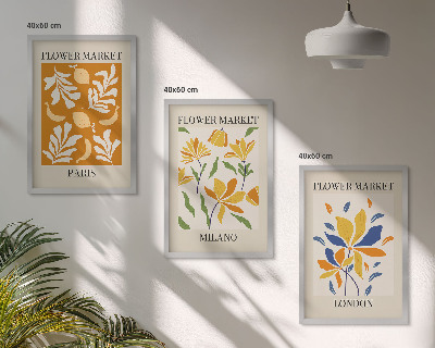 3 paveikslų rinkinys su rėmais Gėlių plakatai Paryžius Milanas Londonas
