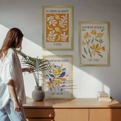 3 paveikslų rinkinys su rėmais Gėlių plakatai Paryžius Milanas Londonas