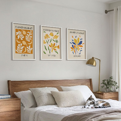 3 paveikslų rinkinys su rėmais Gėlių plakatai Paryžius Milanas Londonas