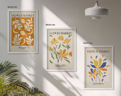 3 paveikslų rinkinys su rėmais Gėlių plakatai Paryžius Milanas Londonas