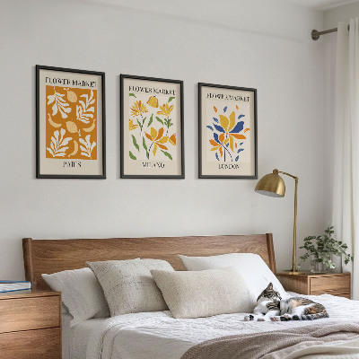 3 paveikslų rinkinys su rėmais Gėlių plakatai Paryžius Milanas Londonas