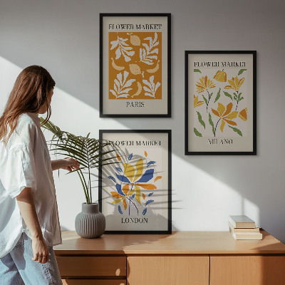 3 paveikslų rinkinys su rėmais Gėlių plakatai Paryžius Milanas Londonas