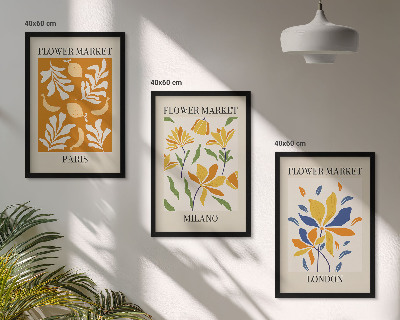 3 paveikslų rinkinys su rėmais Gėlių plakatai Paryžius Milanas Londonas