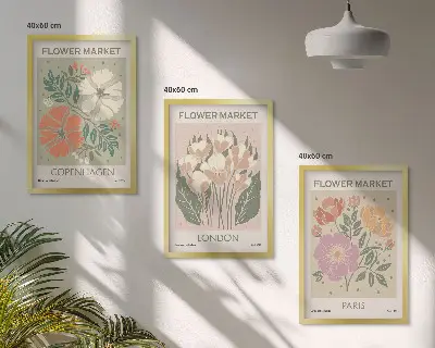 Įrėmintas triptikas gėlių plakatai su miestų vaizdais Kopenhaga Londonas Paryžius