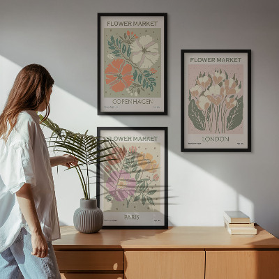 Įrėmintas triptikas Gėlių plakatai Kopenhaga Londonas Paryžius