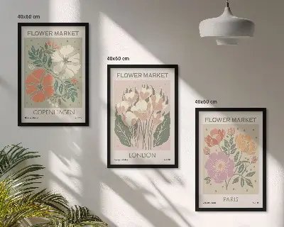 Įrėmintas triptikas gėlių plakatai su miestų vaizdais Kopenhaga Londonas Paryžius