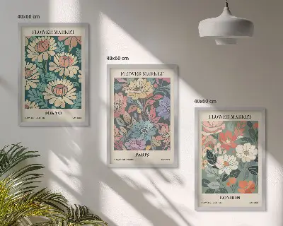 3 paveikslų rinkinys su rėmais gėlių motyvų plakatai su Tokijo, Paryžiaus ir Londono vaizdais