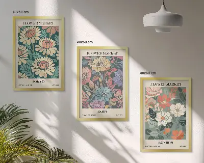 3 paveikslų rinkinys su rėmais gėlių motyvų plakatai su Tokijo, Paryžiaus ir Londono vaizdais