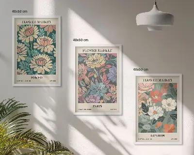 3 paveikslų rinkinys su rėmais gėlių motyvų plakatai su Tokijo, Paryžiaus ir Londono vaizdais