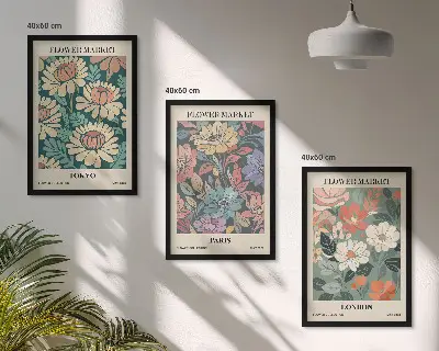 3 paveikslų rinkinys su rėmais gėlių motyvų plakatai su Tokijo, Paryžiaus ir Londono vaizdais