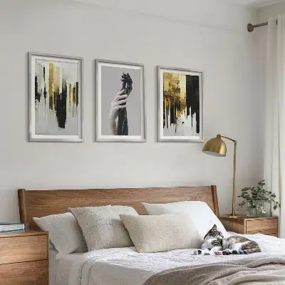 3 paveikslų rinkinys su rėmais abstrakčių rankų darbo tapybos raštų
