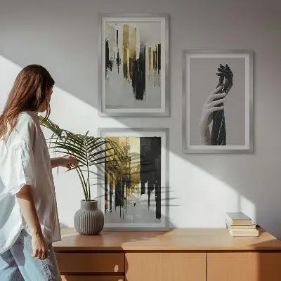 3 paveikslų rinkinys su rėmais abstrakčių rankų darbo tapybos raštų