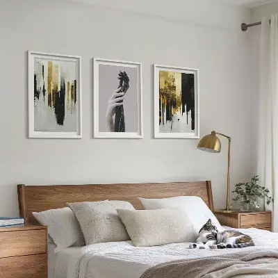 3 paveikslų rinkinys su rėmais abstrakčių rankų darbo tapybos raštų