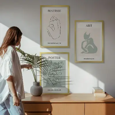 3 paveikslų rinkinys su rėmais žaliai smėlio spalvos Matisse plakatai
