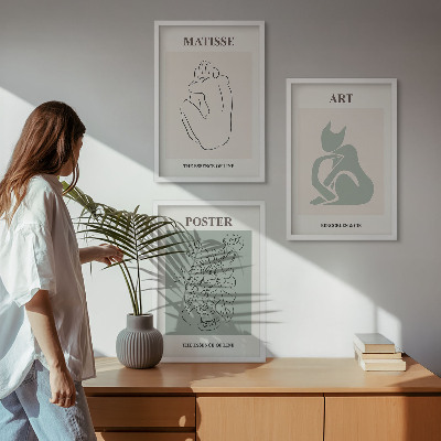 3 paveikslų rinkinys su rėmais Matisse žaliai smėlio spalvos plakatai