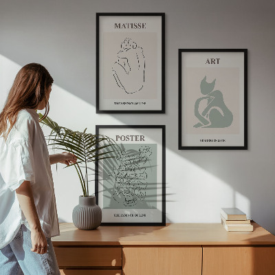3 paveikslų rinkinys su rėmais Matisse žaliai smėlio spalvos plakatai