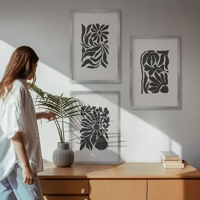 Abstraktūs augalų raštai 3 paveikslų rinkinys su rėmais