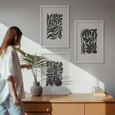 Abstraktūs augalų raštai 3 paveikslų rinkinys su rėmais