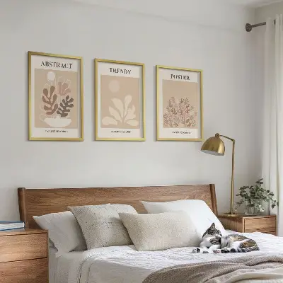 3 paveikslų rinkinys su rėmais augalų motyvai smėlio ir rudos spalvos