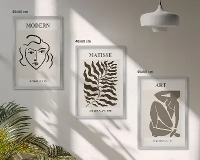 Įrėmintas triptikas stilinga grafika su linijomis ir personažais