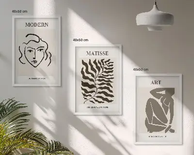 Įrėmintas triptikas stilinga grafika su linijomis ir personažais