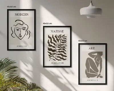 Įrėmintas triptikas stilinga grafika su linijomis ir personažais