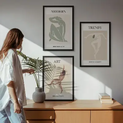 3 paveikslų rinkinys su rėmais stilingi minimalistiniai personažai
