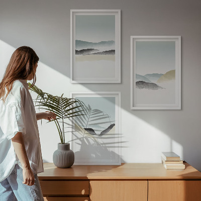 Įrėmintas triptikas Minimalistiniai pasteliniai kalnai