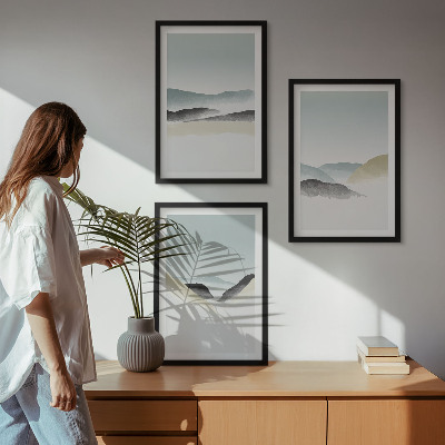 Įrėmintas triptikas Minimalistiniai pasteliniai kalnai
