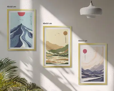 Pasteliniai kalnai japonišku stiliumi 3 paveikslų rinkinys su rėmais