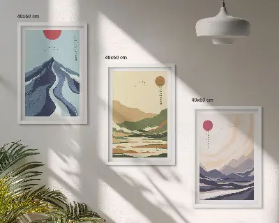 Pasteliniai kalnai japonišku stiliumi 3 paveikslų rinkinys su rėmais