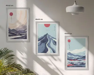 Abstraktūs Japonijos kalnai 3 paveikslų rinkinys su rėmais