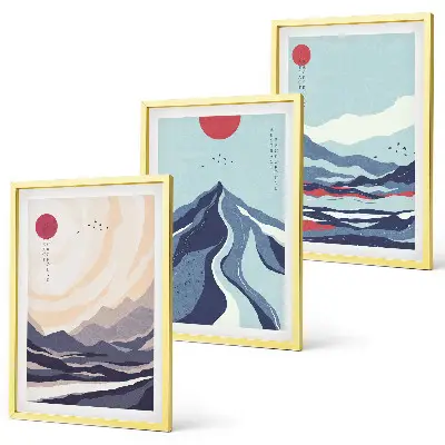 Abstraktūs Japonijos kalnai 3 paveikslų rinkinys su rėmais