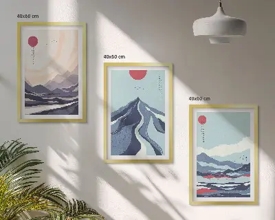 Abstraktūs Japonijos kalnai 3 paveikslų rinkinys su rėmais