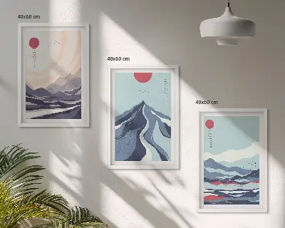Abstraktūs Japonijos kalnai 3 paveikslų rinkinys su rėmais