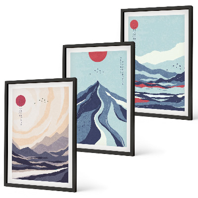 3 paveikslų rinkinys su rėmais Abstraktūs Japonijos kalnai