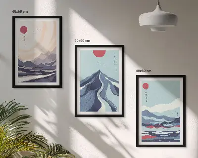 Abstraktūs Japonijos kalnai 3 paveikslų rinkinys su rėmais