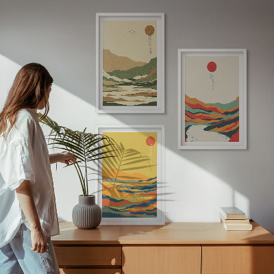 Įrėmintas triptikas Spalvingi Japandi upės kalnų raštai