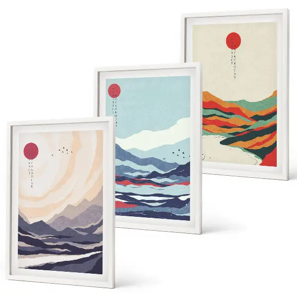 Japonų kalnų abstrakcijos 3 paveikslų rinkinys su rėmais