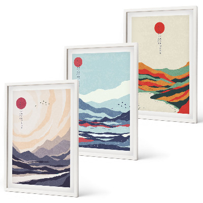 3 paveikslų rinkinys su rėmais Japonų kalnų abstrakcijos