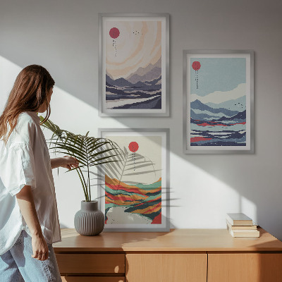 3 paveikslų rinkinys su rėmais Japonų kalnų abstrakcijos