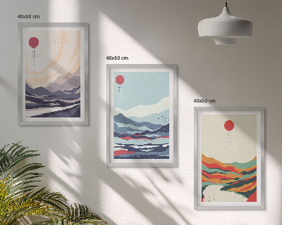 3 paveikslų rinkinys su rėmais Japonų kalnų abstrakcijos