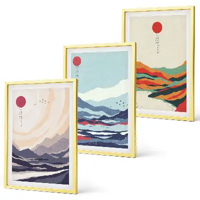Japonų kalnų abstrakcijos 3 paveikslų rinkinys su rėmais