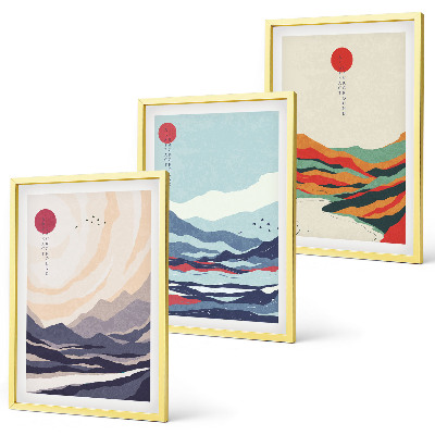 3 paveikslų rinkinys su rėmais Japonų kalnų abstrakcijos