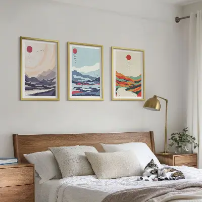 Japonų kalnų abstrakcijos 3 paveikslų rinkinys su rėmais