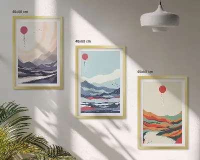 Japonų kalnų abstrakcijos 3 paveikslų rinkinys su rėmais