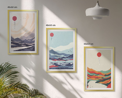 3 paveikslų rinkinys su rėmais Japonų kalnų abstrakcijos