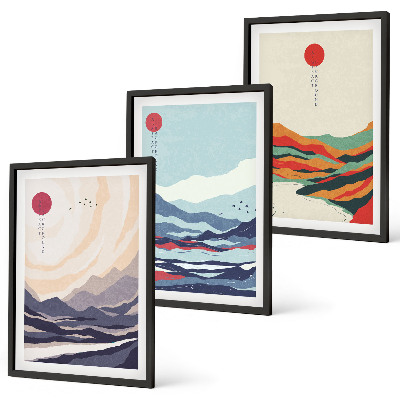 3 paveikslų rinkinys su rėmais Japonų kalnų abstrakcijos