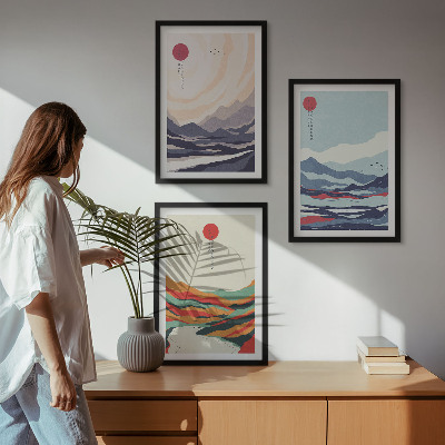 3 paveikslų rinkinys su rėmais Japonų kalnų abstrakcijos